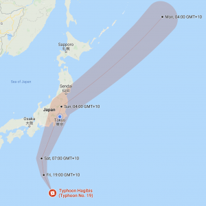 Typhoon Hagibis approaching Tokyo and Japan on map