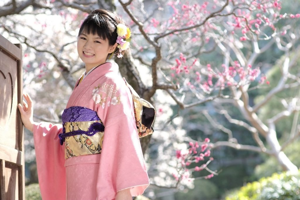 Japanese Woman wearing Kimono under a Cherry tree in Sakura Season